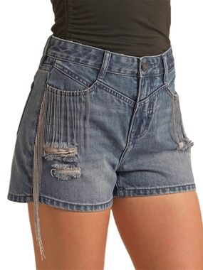 NWT Rock & Roll Denim W32 Chain Rhinestone Fringe High Rise Denim Shorts